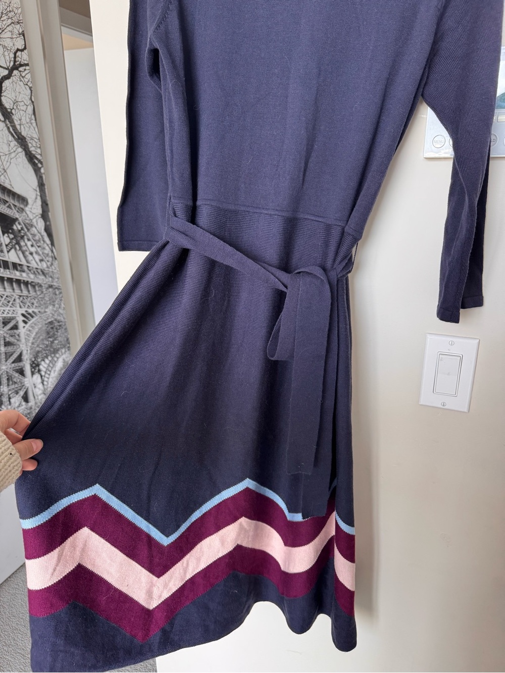 Vince Camuto Navy Knit Belted Midi Dress Chevron Hem Sz L